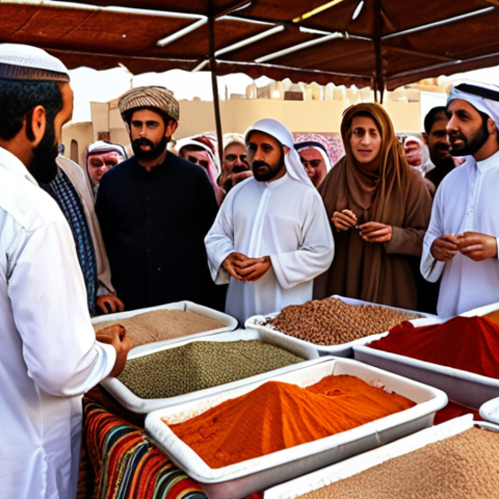 **Image:** A bustling traditional Arabic marketplace filled with storytellers. People of all ages are gathered, listening intently. Capture the vibrant colors of the fabrics, the smell of spices, and the energy of the crowd. Emphasis should be on the expressions of wonder and engagement on the faces of the listeners. Style: rich, detailed, realistic painting.