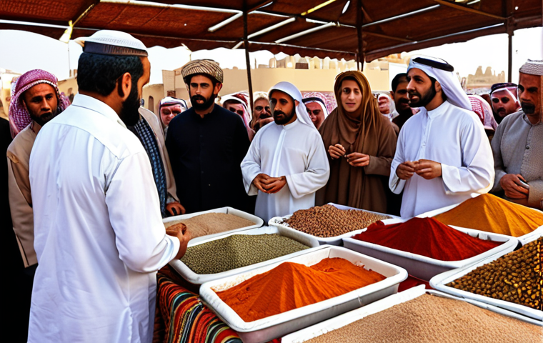 **Image:** A bustling traditional Arabic marketplace filled with storytellers. People of all ages are gathered, listening intently. Capture the vibrant colors of the fabrics, the smell of spices, and the energy of the crowd. Emphasis should be on the expressions of wonder and engagement on the faces of the listeners. Style: rich, detailed, realistic painting.