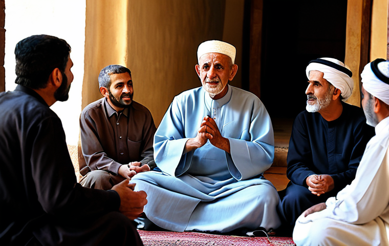 A dignified, elderly man with a warm, wise expression, wearing modest, traditional Middle Eastern clothing (such as a thobe or similar cultural dress), is seated on a low cushion. He is engaged in oral storytelling, gesturing gently with his well-formed hands. Around him, a small, diverse group of fully clothed individuals of various ages, including children and adults, listen attentively, their expressions reflecting interest and respect. The setting is a cozy, warmly lit traditional 'majlis' (gathering space) or a quiet corner of a historic souk, featuring soft, diffused lighting and authentic cultural decor. Professional photography, high resolution, cinematic lighting, rich textures, perfect anatomy, correct proportions, natural pose, well-formed hands, proper finger count, natural body proportions. safe for work, appropriate content, fully clothed, modest clothing, appropriate attire, family-friendly, professional dress.