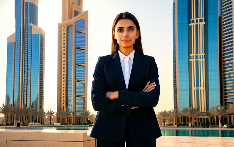 **

A professional female architect, fully clothed in a modest, stylish business suit, standing confidently in front of a modern skyscraper in Dubai. The scene is bathed in warm, golden hour sunlight. Perfect anatomy, correct proportions, natural pose, well-formed hands, proper finger count, natural body proportions, professional photography, high quality. This is a family-friendly, safe for work, appropriate content image. The architect should have a warm, approachable demeanor.

**