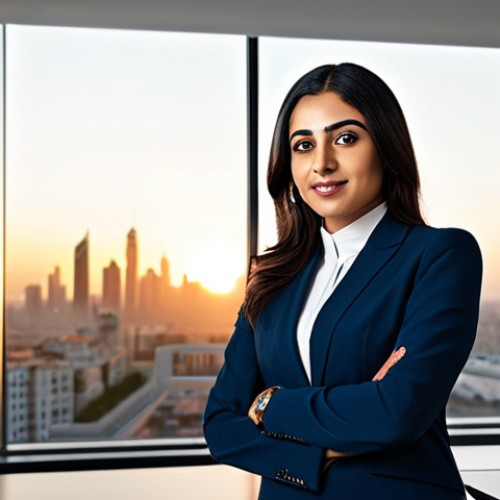 Home 8 **
"A professional Arab businesswoman in a modern office setting. She is wearing a tailored business suit, fully clothed and modest. The office has large windows overlooking a cityscape at sunset, creating a warm and inviting atmosphere. Safe for work, appropriate content, perfect anatomy, natural pose, high-resolution, professional photography."
**