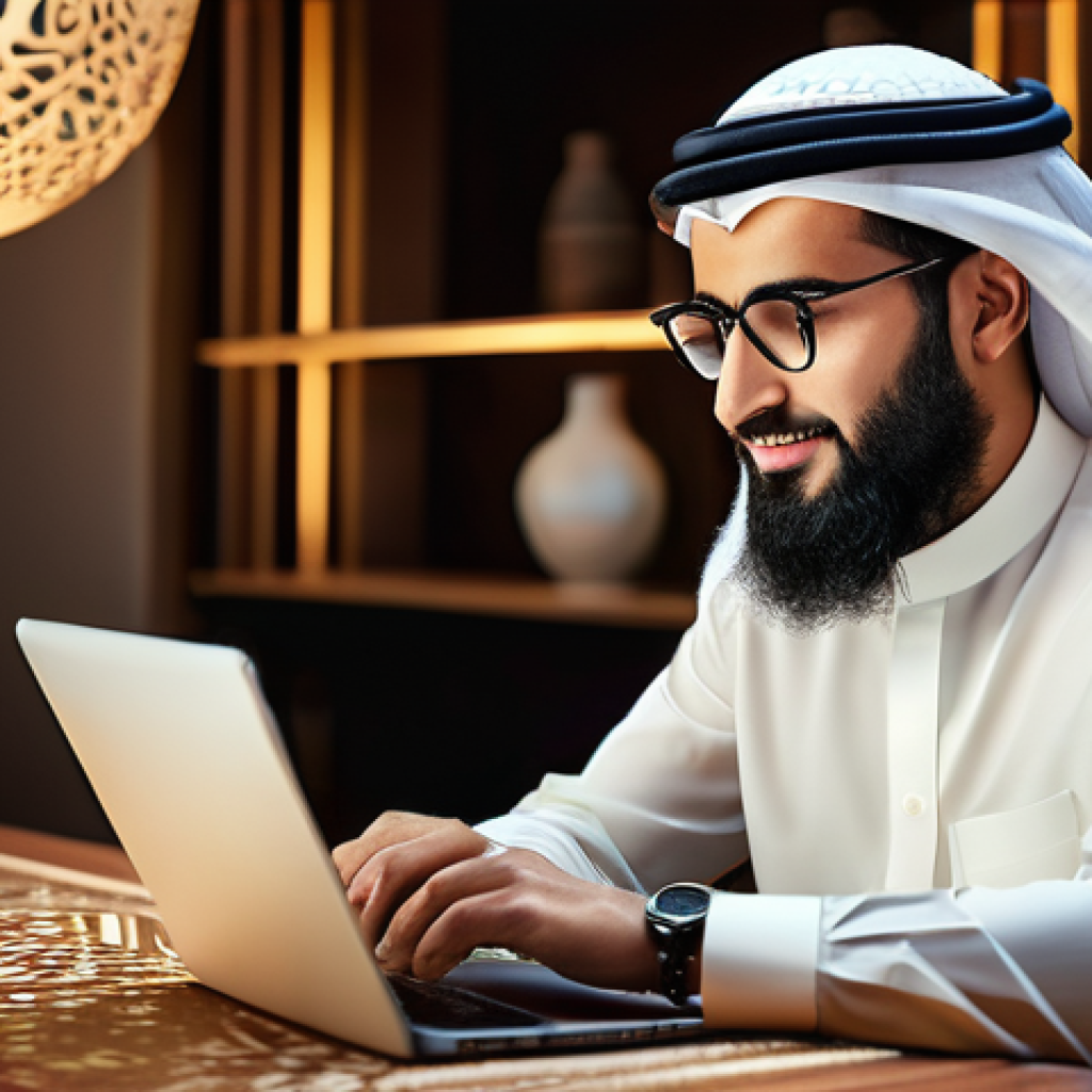 내러티브 패턴 변형을 위한 소프트웨어 추천 - A skilled Arab blogger, dressed in smart casual attire, sits at a modern desk with a laptop and a di...