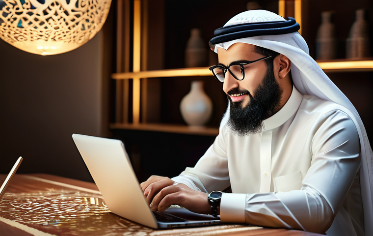 내러티브 패턴 변형을 위한 소프트웨어 추천 - A skilled Arab blogger, dressed in smart casual attire, sits at a modern desk with a laptop and a di...