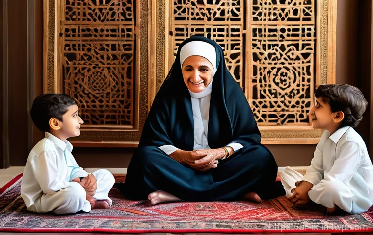 내러티브 패턴의 사회적 역할 - "A warm, intimate scene of an elderly Arab grandmother, wearing a traditional, modest abaya and a so...