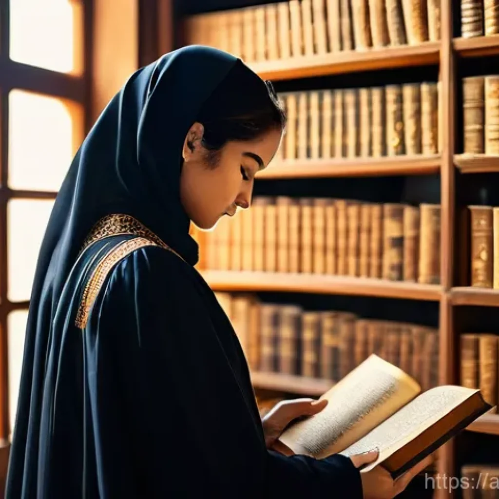 내러티브 패턴을 활용한 스토리텔링 기법 - **Enchanting Discovery in an Ancient Library:** A young person, dressed in modest, contemporary Arab...