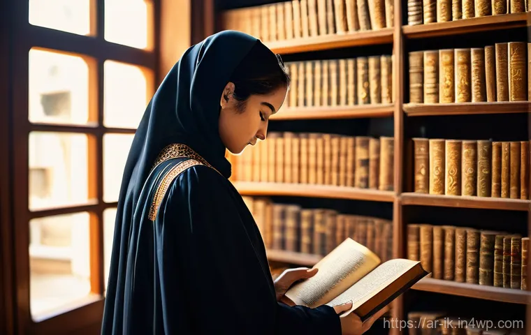 내러티브 패턴을 활용한 스토리텔링 기법 - **Enchanting Discovery in an Ancient Library:** A young person, dressed in modest, contemporary Arab...