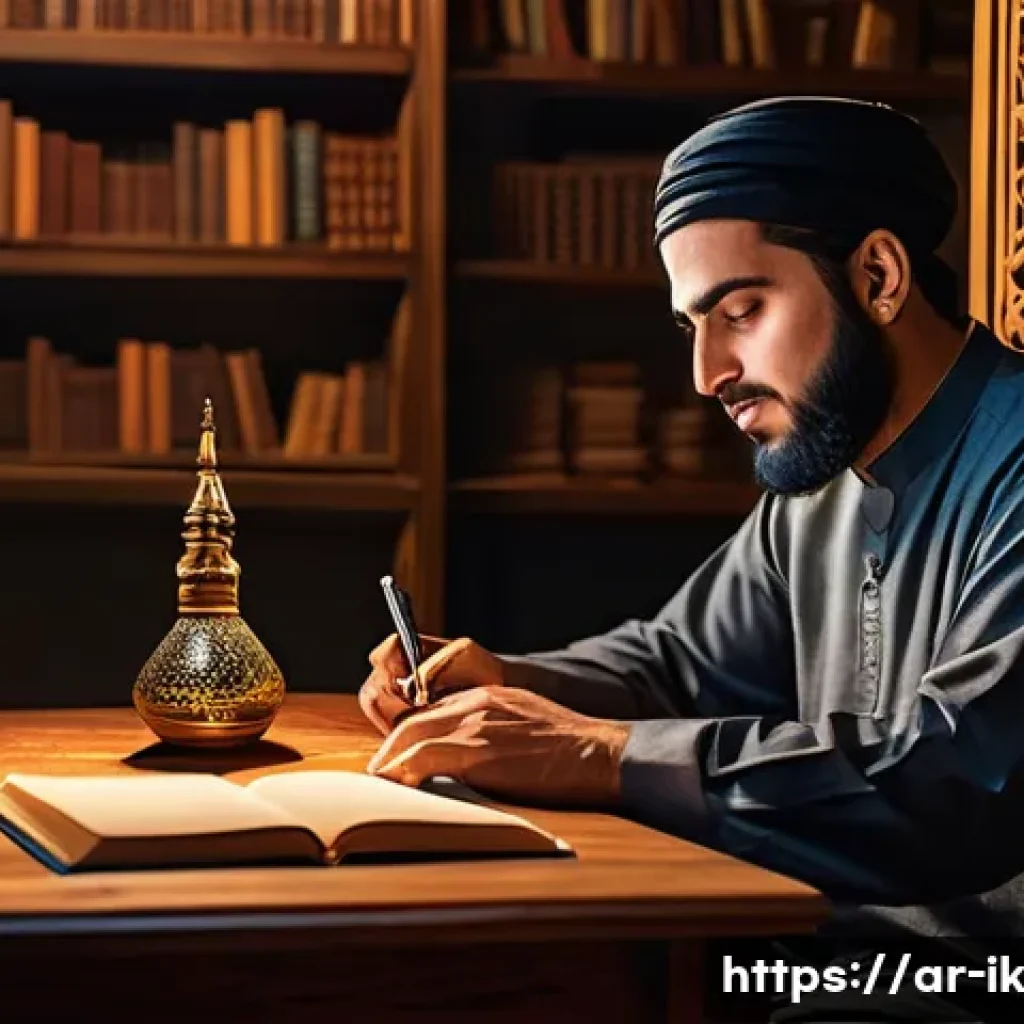 내러티브 패턴의 감정적 전달력 - A detailed scene of an Arab author seated at a traditional wooden desk, writing a story with express...