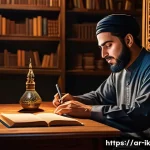 Home 22 내러티브 패턴의 감정적 전달력 - A detailed scene of an Arab author seated at a traditional wooden desk, writing a story with express...