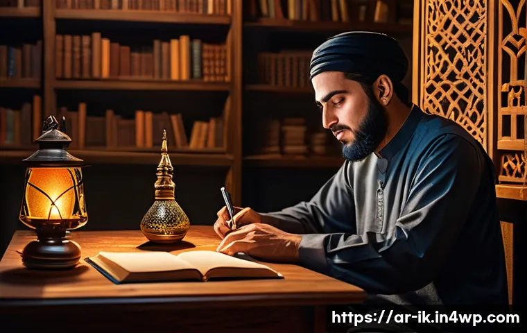 내러티브 패턴의 감정적 전달력 - A detailed scene of an Arab author seated at a traditional wooden desk, writing a story with express...