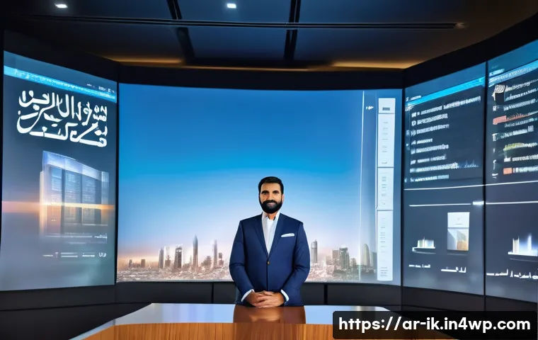 내러티브 패턴의 실용적 응용 - A professional Arab male presenter in traditional attire, standing confidently in a modern conferenc...