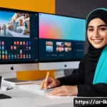 Home 20 디지털 미디어에서의 내러티브 패턴 - A vibrant digital marketing workspace featuring a young Middle Eastern content creator working on mu...