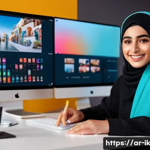 Home 32 디지털 미디어에서의 내러티브 패턴 - A vibrant digital marketing workspace featuring a young Middle Eastern content creator working on mu...