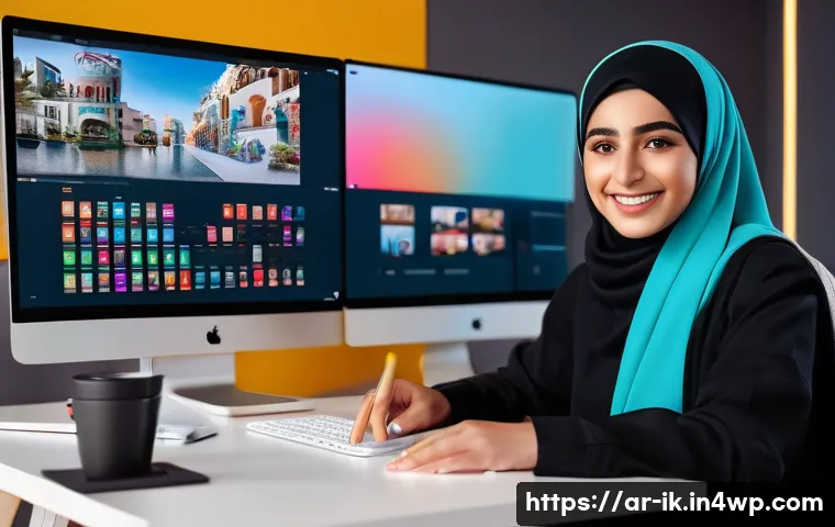 디지털 미디어에서의 내러티브 패턴 - A vibrant digital marketing workspace featuring a young Middle Eastern content creator working on mu...