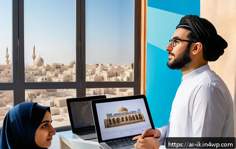 내러티브 패턴 변형에 대한 미래 전망 - A vibrant digital storytelling workshop in a modern Arab city setting, featuring diverse young creat...