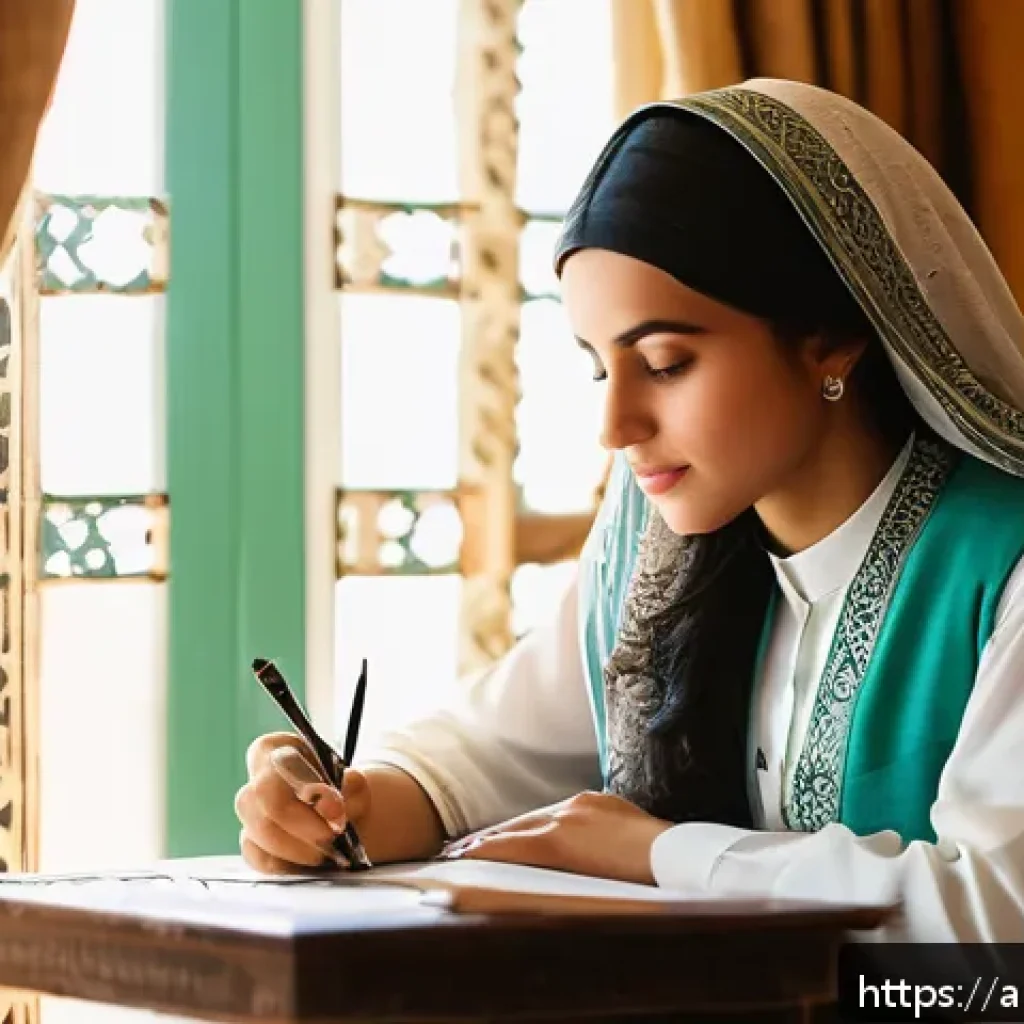 내러티브 패턴과 캐릭터 개발의 관계 - A close-up portrait of an Arabic young woman in traditional modest attire, sitting indoors by a wind...