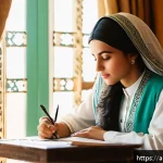 Home 18 내러티브 패턴과 캐릭터 개발의 관계 - A close-up portrait of an Arabic young woman in traditional modest attire, sitting indoors by a wind...