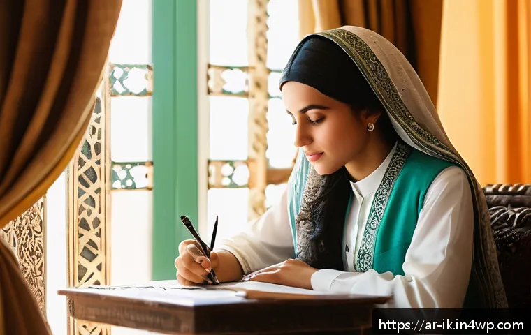 내러티브 패턴과 캐릭터 개발의 관계 - A close-up portrait of an Arabic young woman in traditional modest attire, sitting indoors by a wind...