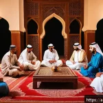 Home 23 내러티브 패턴의 문화적 차이 글로벌 관점 - A vibrant scene of a traditional Arabic storytelling gathering in a spacious majlis decorated with i...