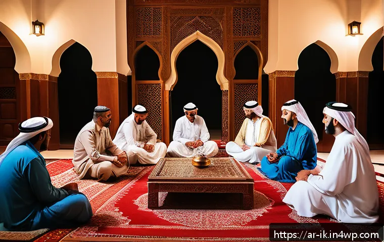 내러티브 패턴의 문화적 차이 글로벌 관점 - A vibrant scene of a traditional Arabic storytelling gathering in a spacious majlis decorated with i...