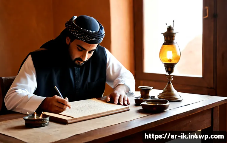 내러티브 패턴 변화의 연대기 - Photorealistic editorial scene of an Arab historian in modest contemporary clothing arranging a chro...
